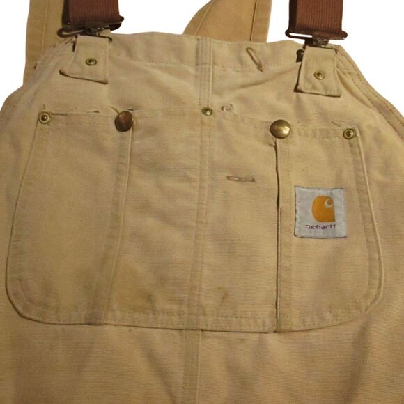 Vintage Overalls 42x32 Carhartt Double Knee 1990's Bibs Work Jeans Tan Distress - Picture 2 of 10